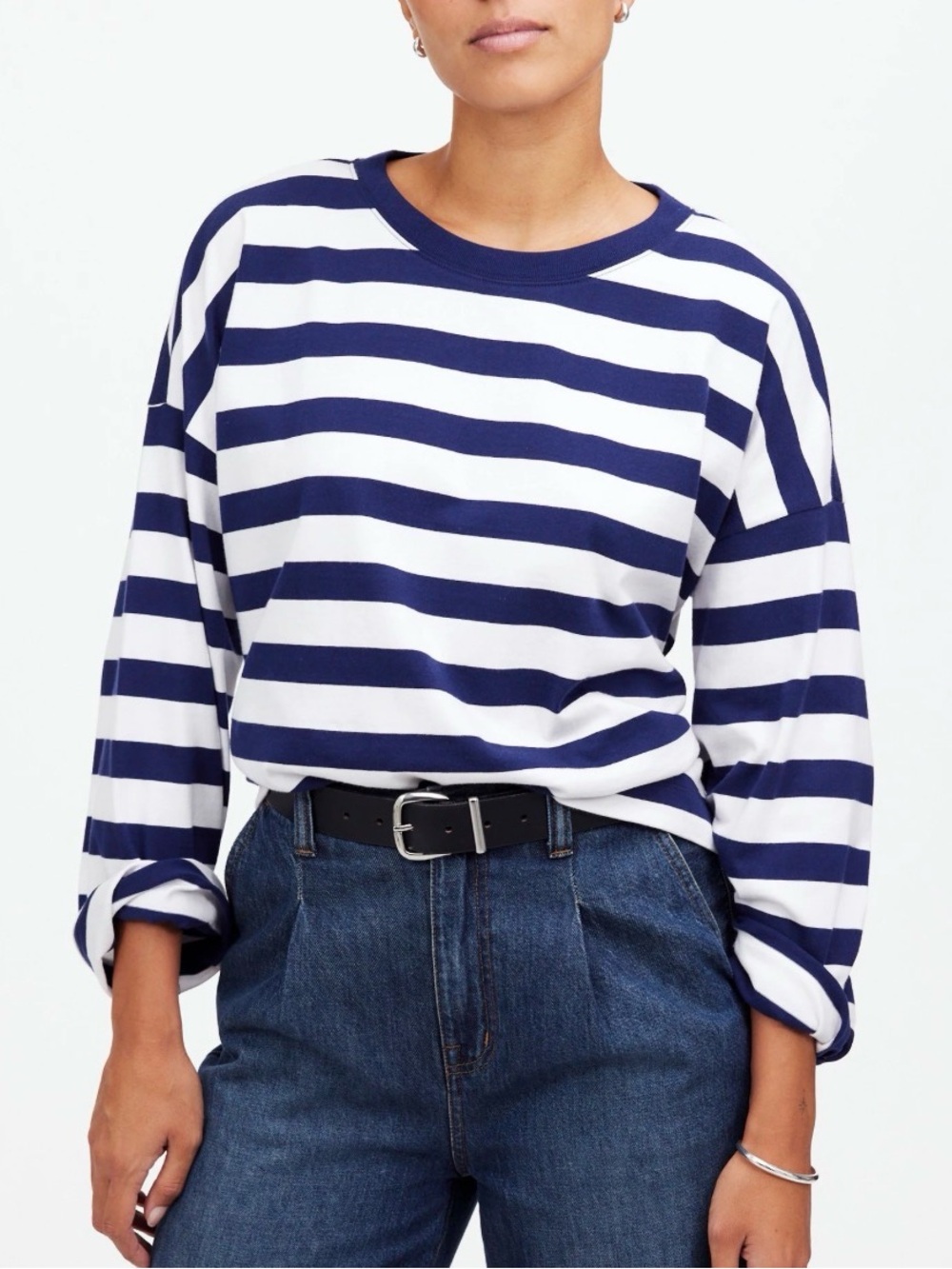 Madewell - Oversized Long Sleeve Crewneck Blue White Stripe Blouse Size Small